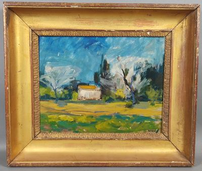 an oil painting of a house in a field with trees in the background