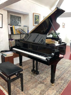a grand piano in the living room of a home