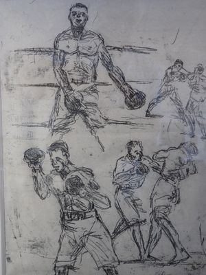 Des croquis de joueurs de baseball figurent sur un dessin réalisé sur une feuille de papier