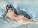 a painting of a naked woman laying on a bed