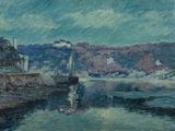 tableau représentant une vue sur une rivière avec un bateau au premier plan
