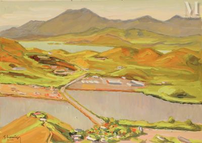 un tableau représentant une vue sur un lac et des montagnes