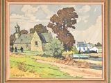 painting of a house and a boat on a river with a sky background
