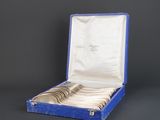 silverware in a blue case on a black background