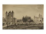 an old drawing of a castle with a bridge over a river