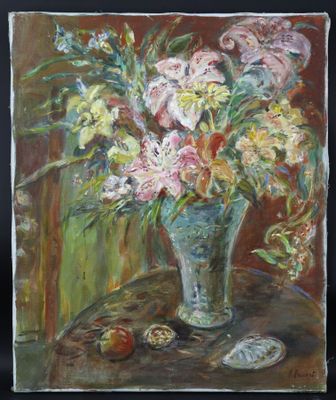 une peinture de fleurs dans un vase sur une table