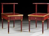pair of red and gold side tables with drawers on each side