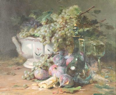 un tableau représentant des raisins et d'autres fruits posés sur une table
