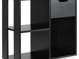 a close up of a black shelf with two drawers on it