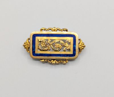 a close up of a gold and blue broochle on a white surface