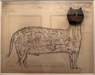 a picture of a drawing of a cow with a cat on it