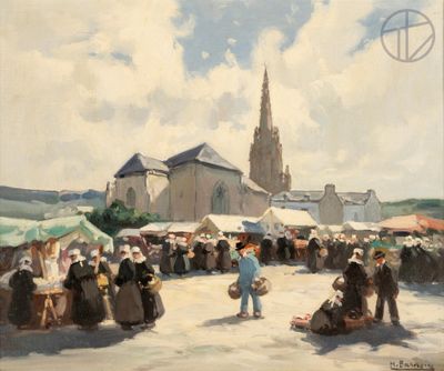 painting of a crowd of people at a market with a church in the background