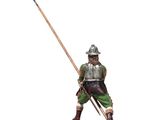 the figurine is holding a spear and standing on a wooden base