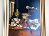 a painting on the wall of a room with a violin and books
