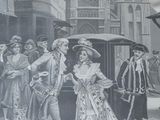 a black and white drawing of a group of people on a street