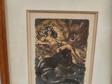 painting of a woman and a cat in a frame on a wall