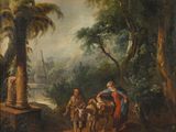 un tableau représentant un groupe de personnes à cheval dans une zone boisée