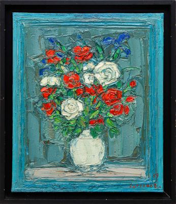 a painting of flowers in a vase on a table