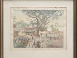 painting of a village scene with a tree and people in the foreground