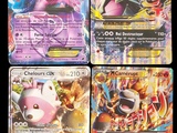 four different pokemon cards are shown on a black background