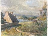 une image d'une peinture représentant une maison sur une colline