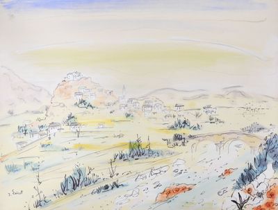 a watercolor painting of a desert scene with a mountain in the background