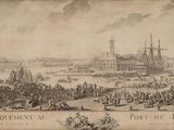 an old drawing of a city with a lot of people on it