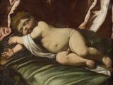 un tableau représentant un enfant nu allongé sur un lit