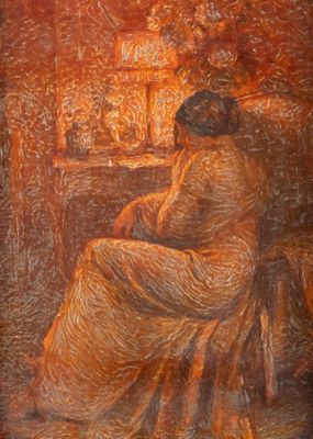 tableau représentant une femme assise sur une chaise dans une pièce