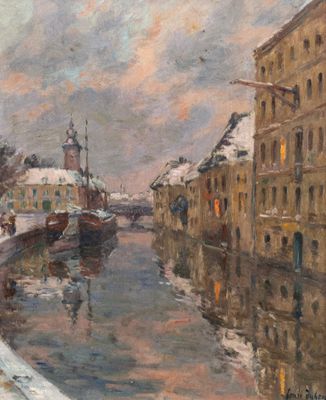 tableau représentant une rivière avec des bâtiments et un bateau sur l'eau