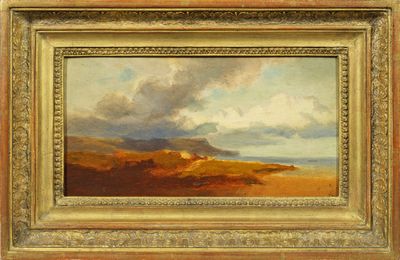 un tableau représentant un paysage avec une montagne au loin