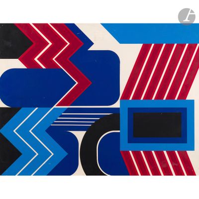 an image of a blue, red and black abstract painting on a white background
