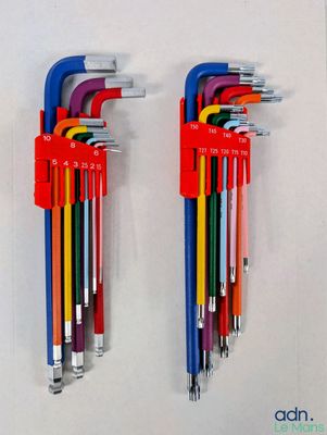 Deux séries de troglodytes hexagonaux multicolores sont accrochées au mur.