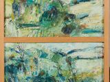 une peinture représentant deux tableaux sur un châssis en bois, dont l'un est vert et l'autre bleu