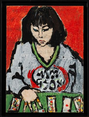 painting of a woman sitting at a table with playing cards in front of her