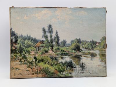 an image of a painting of a river with trees in the background