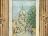 an oil painting of a church with a horse drawn carriage in front of it