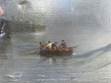 un tableau représentant un groupe de personnes dans un bateau sur un plan d'eau