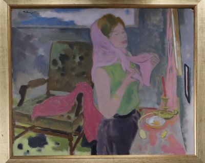 un tableau représentant une femme portant un foulard rose
