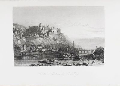 dessin représentant un château situé sur une colline surplombant une rivière