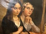 an oil painting of two women sitting in front of a mirror
