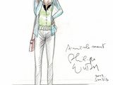 croquis d'une femme vêtue d'un t-shirt vert et d'un pantalon blanc, debout devant un mur blanc