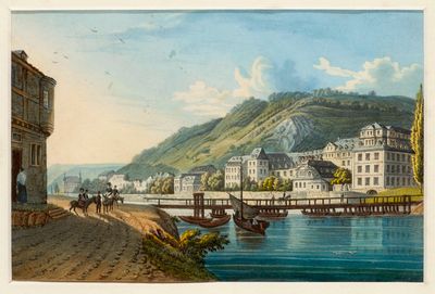 un tableau représentant une vue d'une ville au bord de l'eau