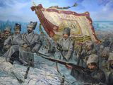 painting of a painting of a group of men on a snowy field