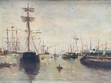 a painting of a harbor scene with boats in the water