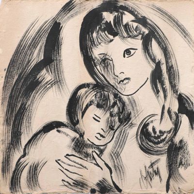 an old drawing of a woman holding a child in her arms