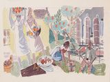tableau représentant une femme tenant un panier de fruits tandis qu'une autre femme tient un panier de fruits