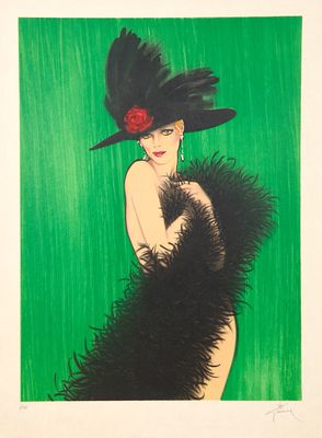 une image représentant un tableau d'une femme portant un chapeau noir et une robe à plumes