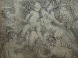 a drawing of a group of cherensils and angels in a landscape
