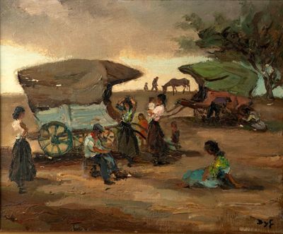 painting of a group of people standing around a covered wagon